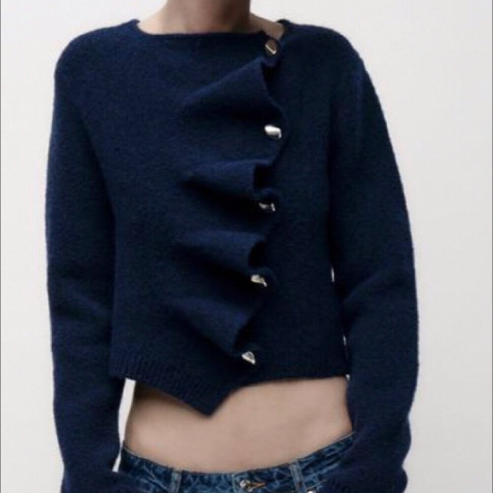 ZARA  Midnight Blue Asymmetrical Cardigan with Silver buttons Size XL